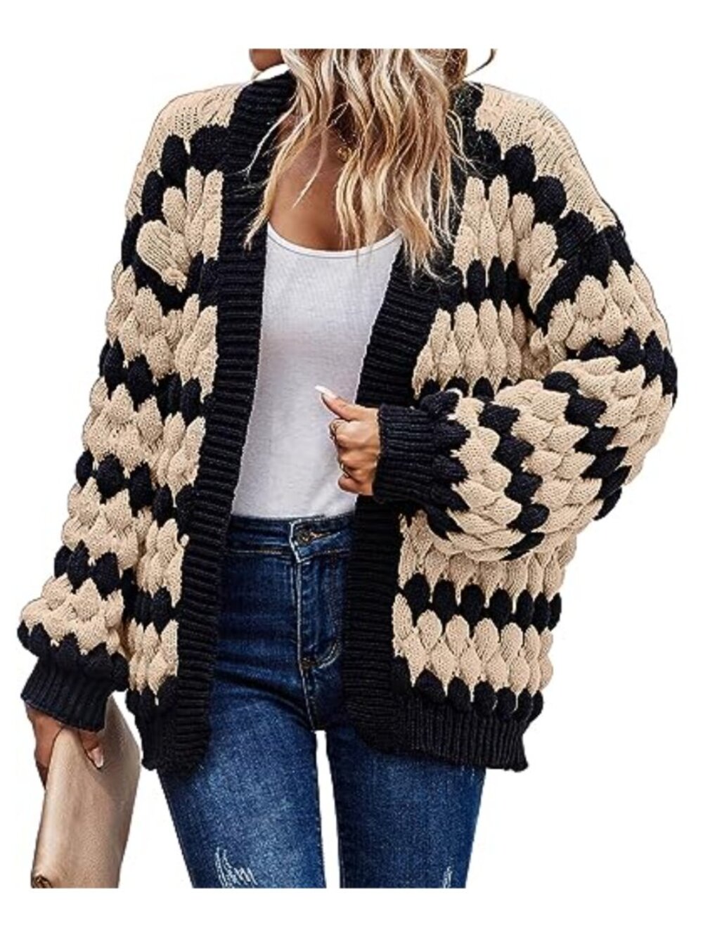 Chunky Cable Knit Open Front Cardigan Lantern Sleeve Loose Fit